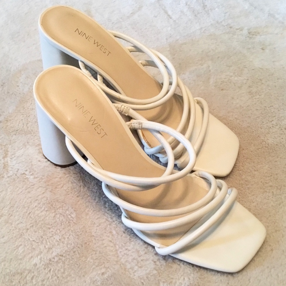 Nine West Glowy3 White Strappy Block Heel Slip-on Sandals - 8.5